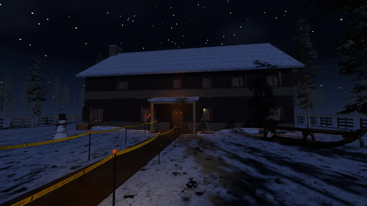Le chalet de la veille de Noël sous la neige, la nuit